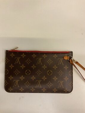 Authentic Louis Vuitton Monogram Zip Wristlet - Brown with Red Accent